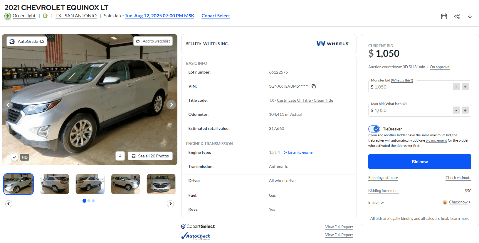 Скриншот лота Copart: 2021 Chevrolet Equinox LT, Clean Title (Texas), 1.5L, AWD, 104 411 mi, текущая ставка $1 050 — пример авто для ввоза из США