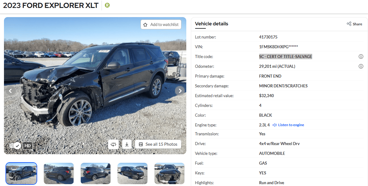 Copart: 2023 Ford Explorer XLT — SC Certificate of Title (Salvage), фронтальный урон, 29 201 mi (Actual), 2.3L I4, 4×4, Keys: Yes, Run & Drive