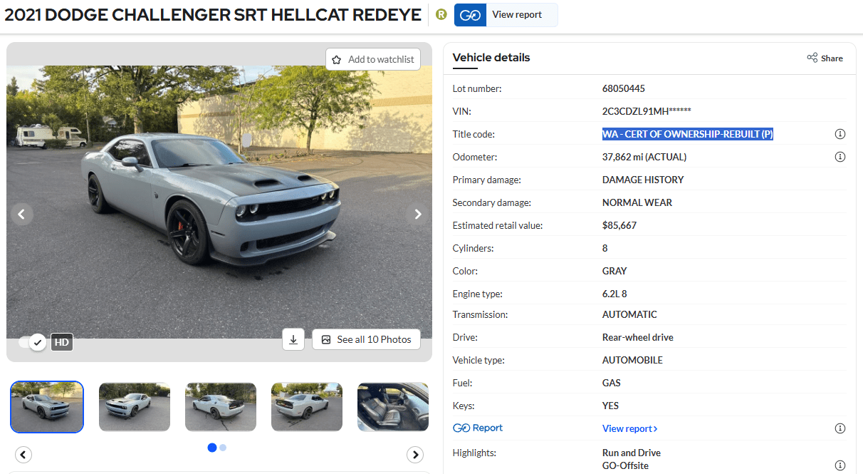 Copart: 2021 Dodge Challenger SRT Hellcat Redeye — WA Rebuilt (P), 37 862 mi, 6.2L V8, RWD, Damage history, Run & Drive, GO-Offsite купить в России