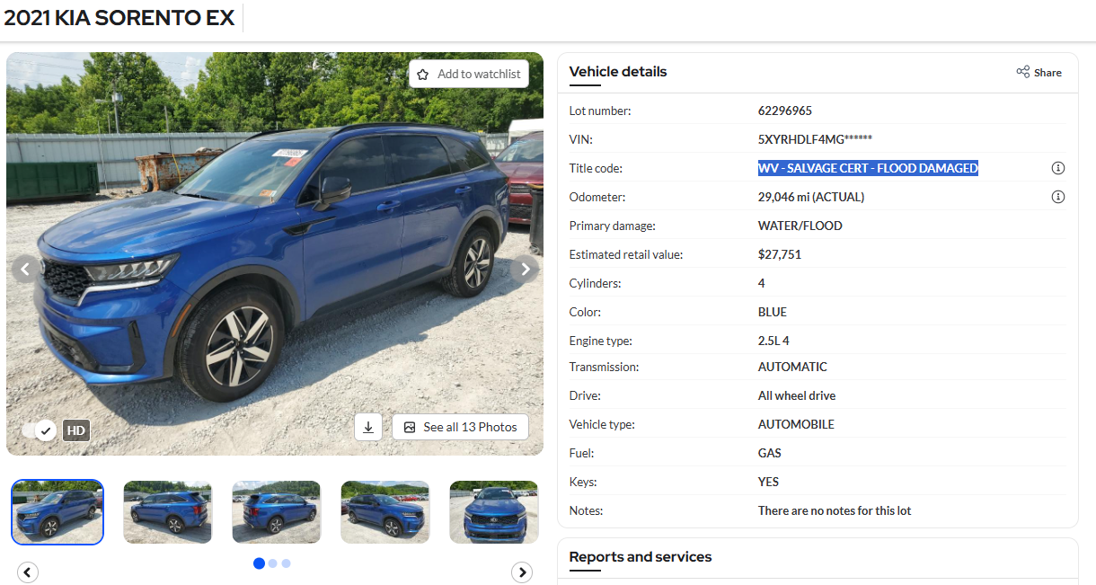 2021 Kia Sorento EX — WV Salvage Certificate (Flood Damaged): утопленник, тотал по воде; экспорт допустим, в РФ — высокий риск